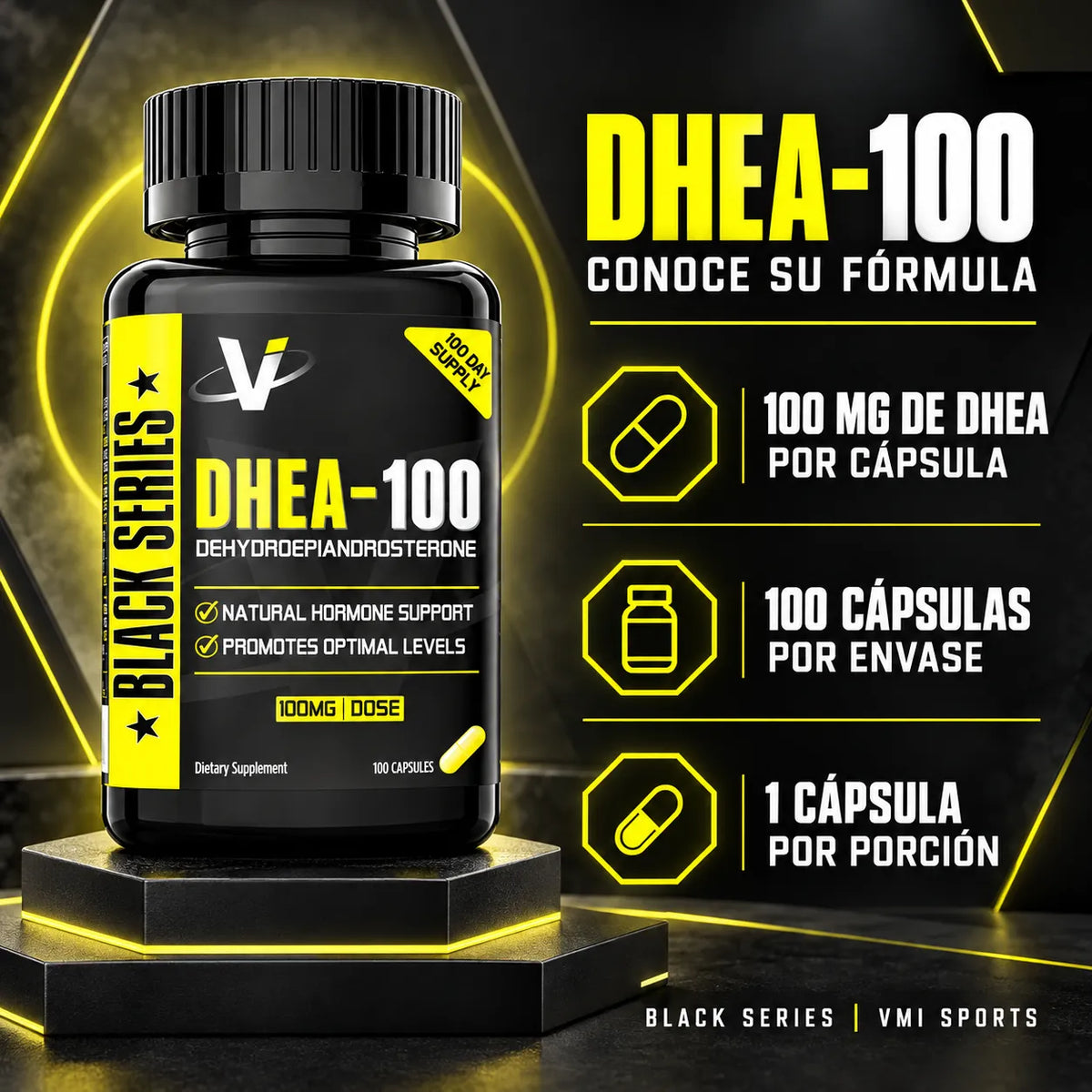 DHEA 100 mg - 100 Caps VMI Sports Black Series | Adaptógeno Hormonal | Equilibrio natural para cuerpo y mente | Fórmula limpia sin aditivos | Suplemento alimenticio