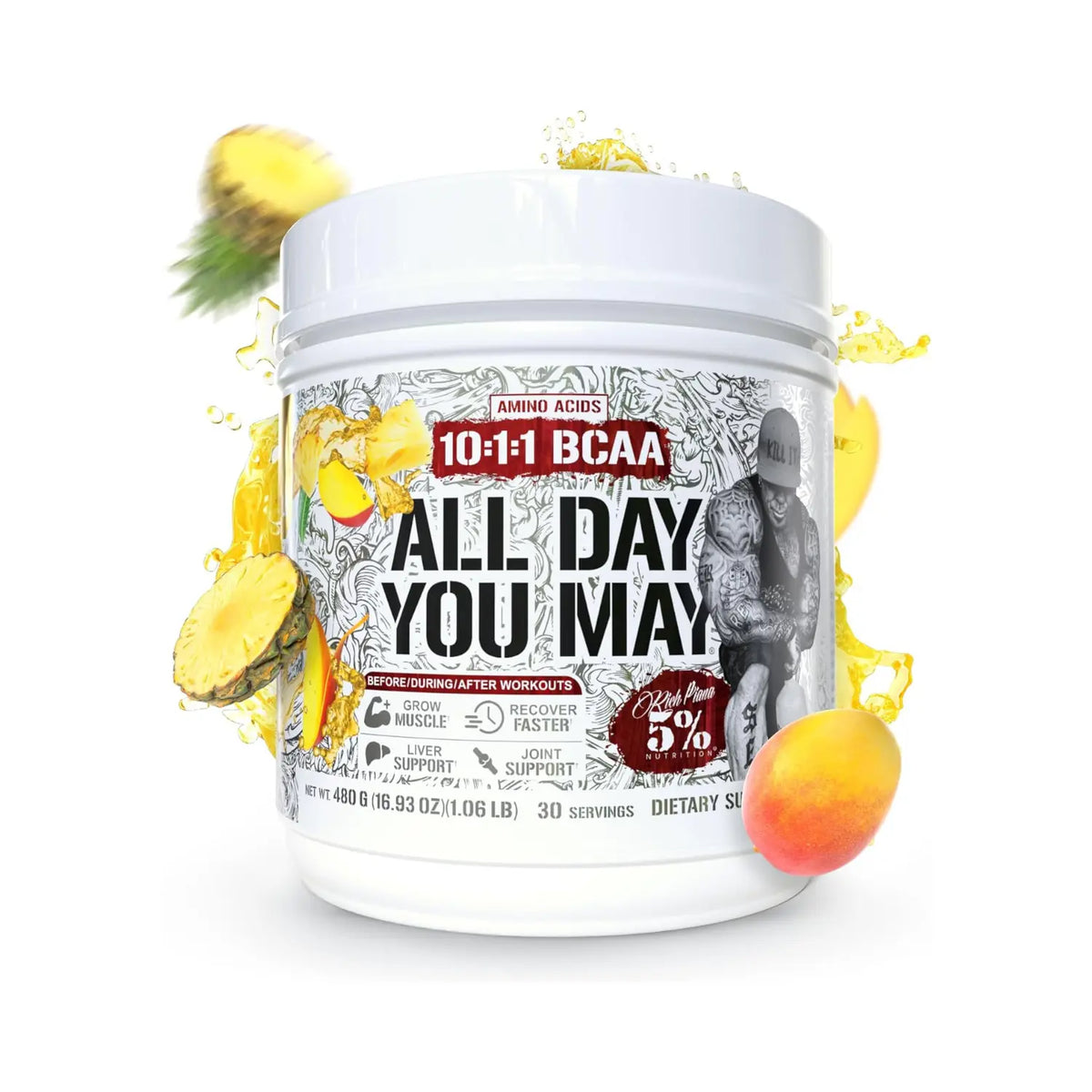 5% Nutrition All Day You May Aminoácidos Esenciales, BCAAs y EAAs para Recuperación e Hidratación 30 Servicios Sabor Mango Piña