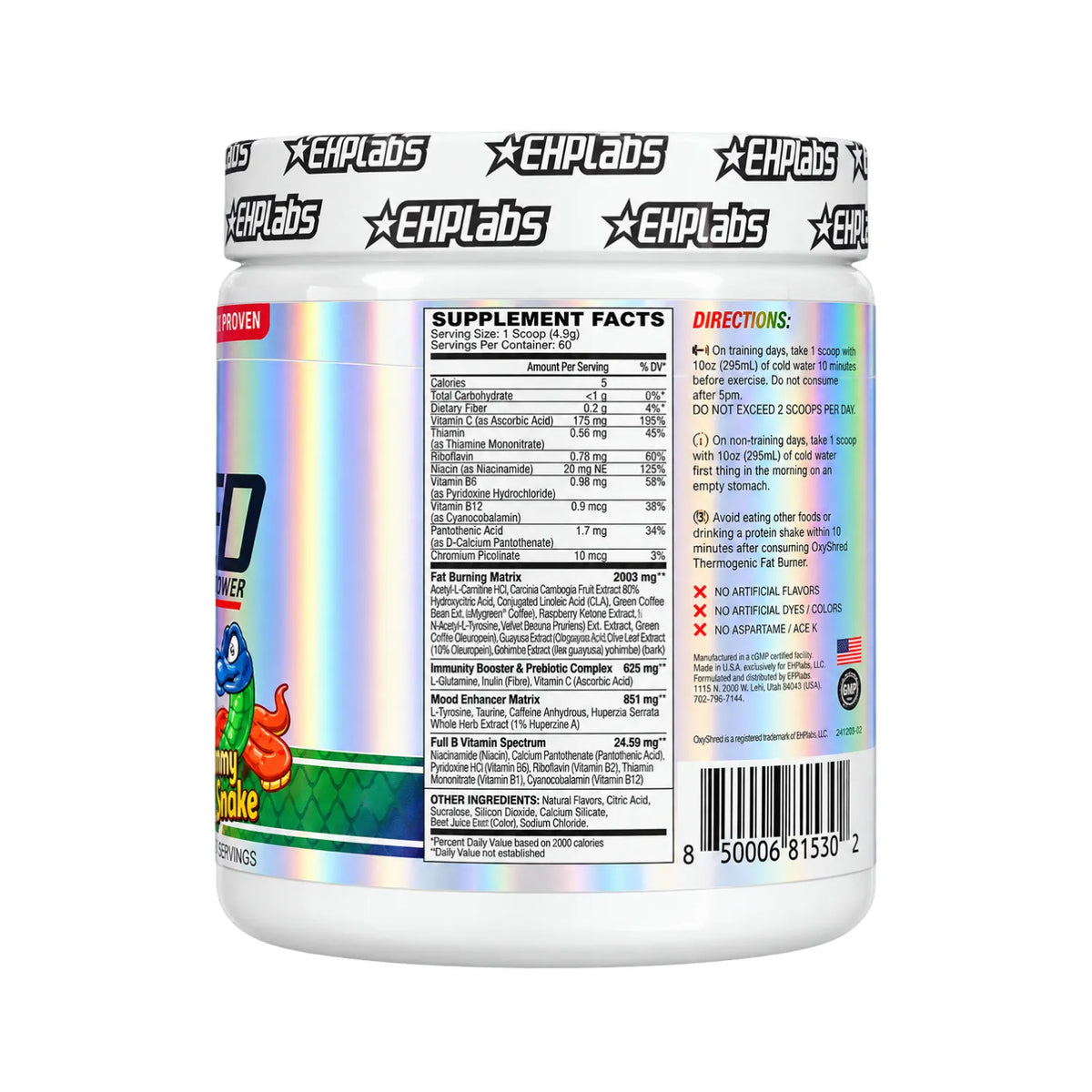 EHPlabs OxyShred Termogénico 270 g | Sabor Gummy Snake | 60 Servicios | Apoyo al metabolismo y energía | 150 mg de cafeína por porción | Con L-Carnitina, CLA, Café Verde y Vitaminas B | Suplemento alimenticio