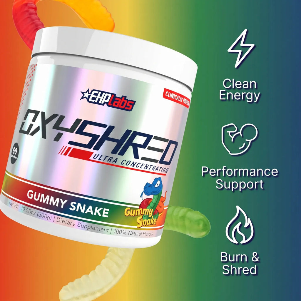 EHPlabs OxyShred Termogénico 270 g | Sabor Gummy Snake | 60 Servicios | Apoyo al metabolismo y energía | 150 mg de cafeína por porción | Con L-Carnitina, CLA, Café Verde y Vitaminas B | Suplemento alimenticio
