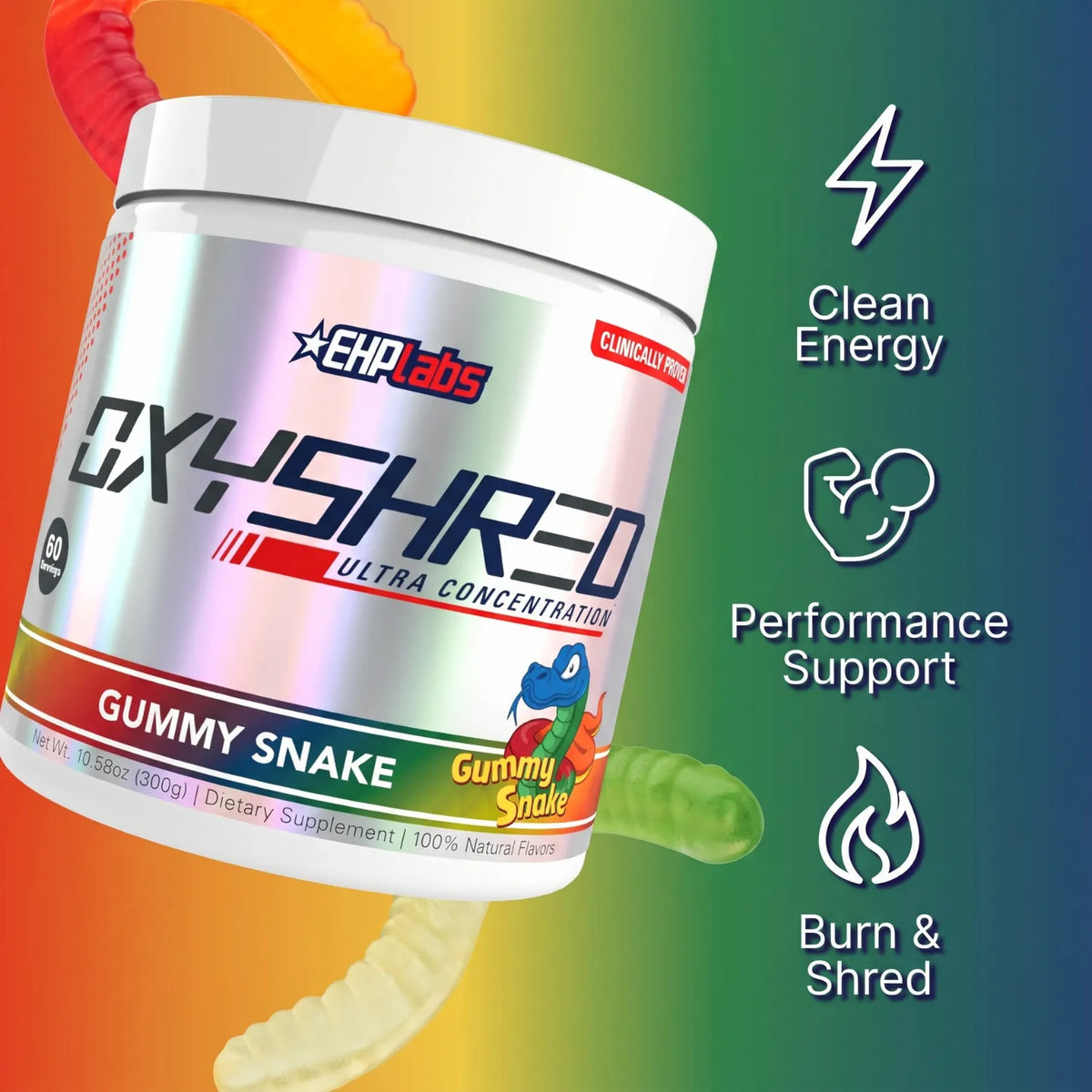 EHPlabs OxyShred Termogénico 270 g | Sabor Gummy Snake | 60 Servicios | Apoyo al metabolismo y energía | 150 mg de cafeína por porción | Con L-Carnitina, CLA, Café Verde y Vitaminas B | Suplemento alimenticio