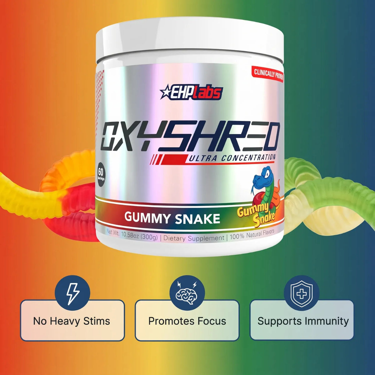 EHPlabs OxyShred Termogénico 270 g | Sabor Gummy Snake | 60 Servicios | Apoyo al metabolismo y energía | 150 mg de cafeína por porción | Con L-Carnitina, CLA, Café Verde y Vitaminas B | Suplemento alimenticio