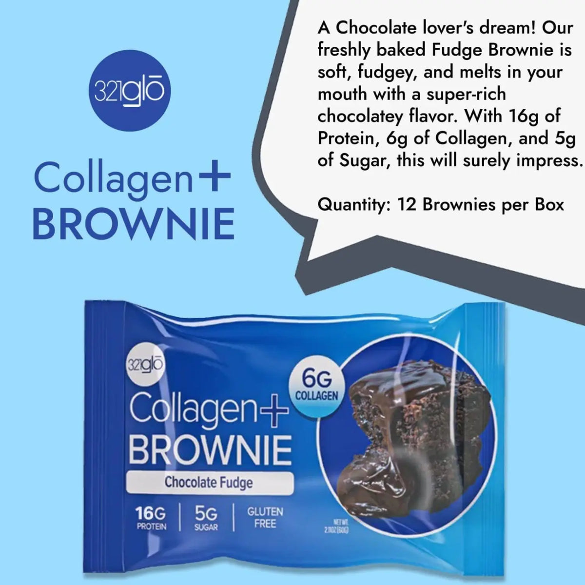 321 Glo Collagen+ Protein Brownie Sabor Chocolate 12 pzs