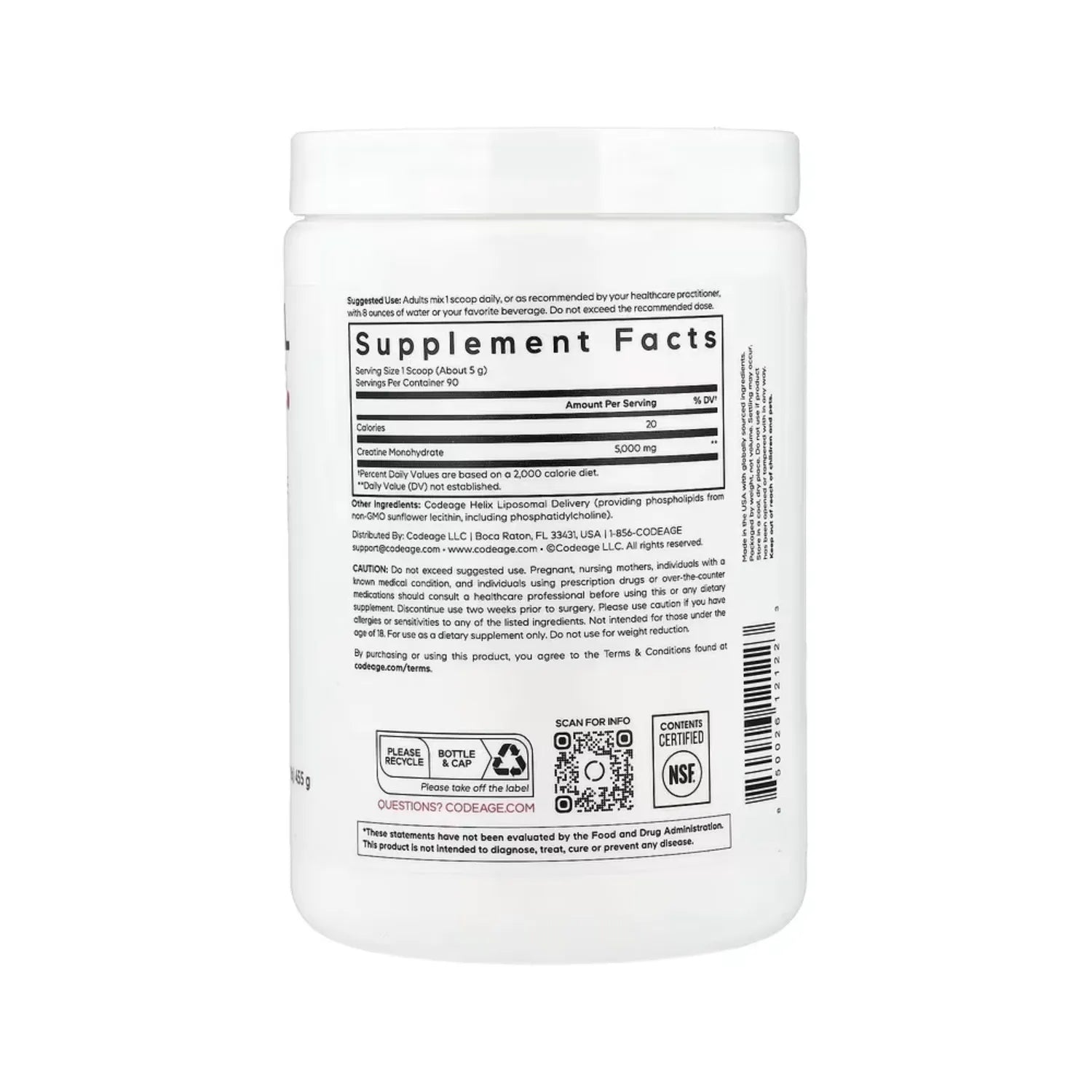 Codeage, Sport, Creatina Liposomal En Polvo, Sin Sabor, 455 G, 90 Servicios (1 Lb)