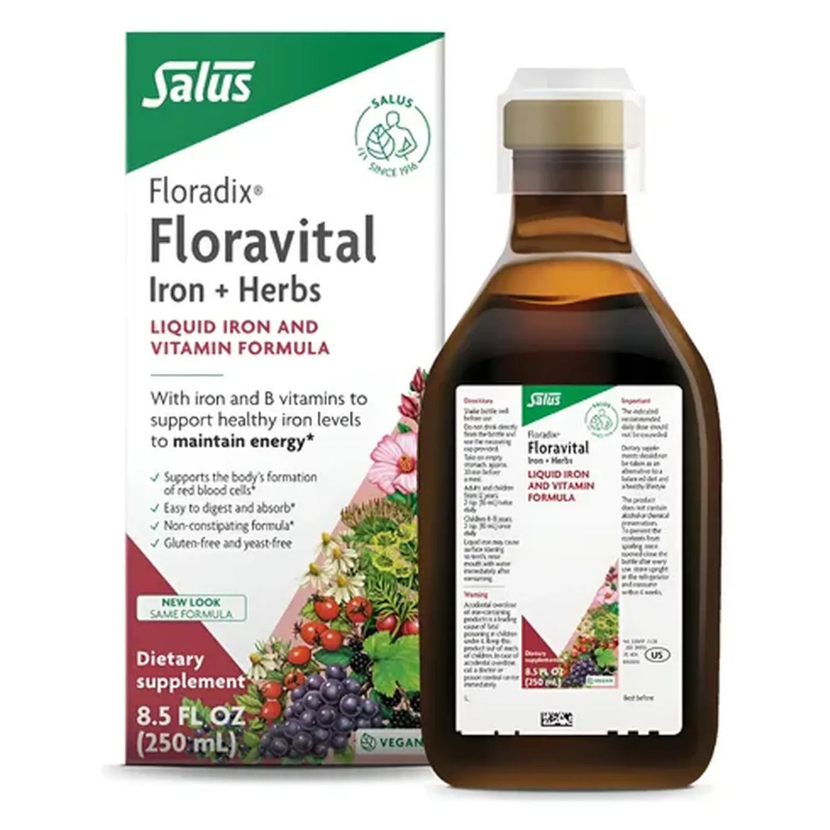 GAIA HERBS | Floradix Iron + Herbs Hierro Líquido con Vitaminas B | Botella de 250 ml (8.5 oz) | Apoyo a la Energía y Formación de Glóbulos Rojos