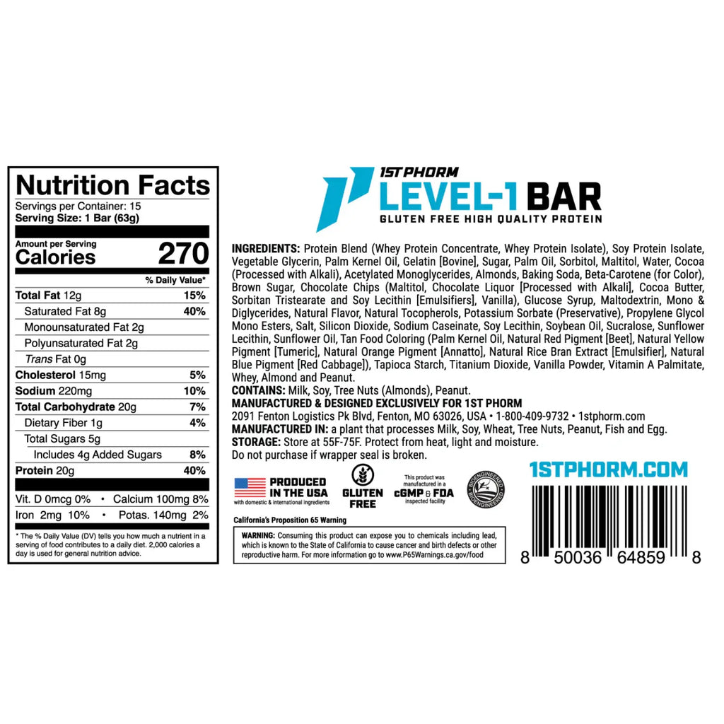 1st Phorm Level-1 Barra de Proteína 63 g, Sabor Chocolate Chip Cookie Dough, Caja con 15 Piezas