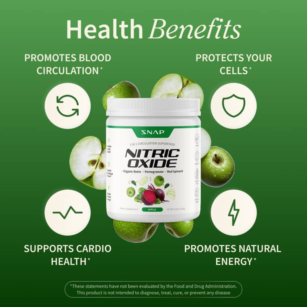 Snap Supplements Nitric Oxide Organic Beets Polvo 250 g Manzana