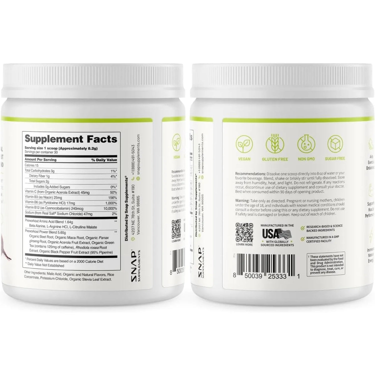 Snap supplements Polvo de remolacha pre-entrenamiento 8.8oz