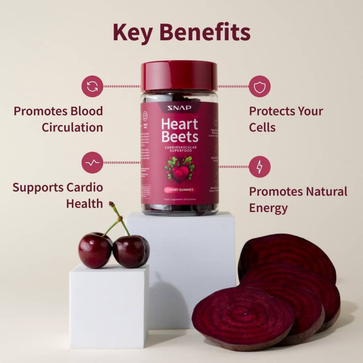 Snap Supplements Heart Beets sin Azúcar 60 Gomitas Cereza