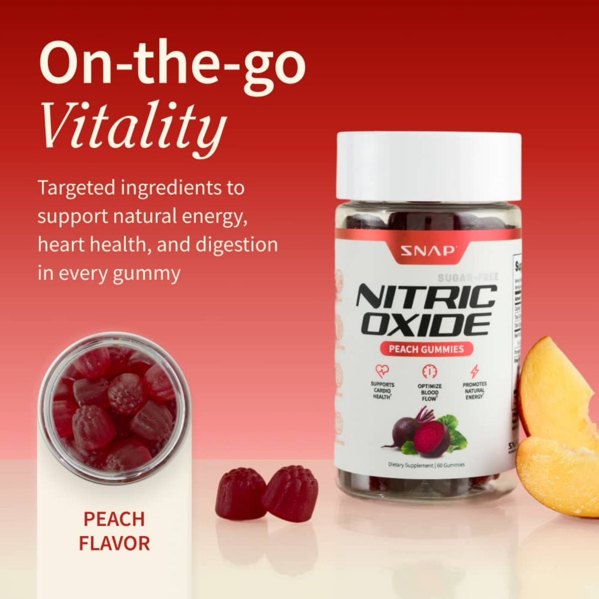 Snap Supplements Nitric Oxide Betabel sin Azúcar 60 Gomitas Durazno