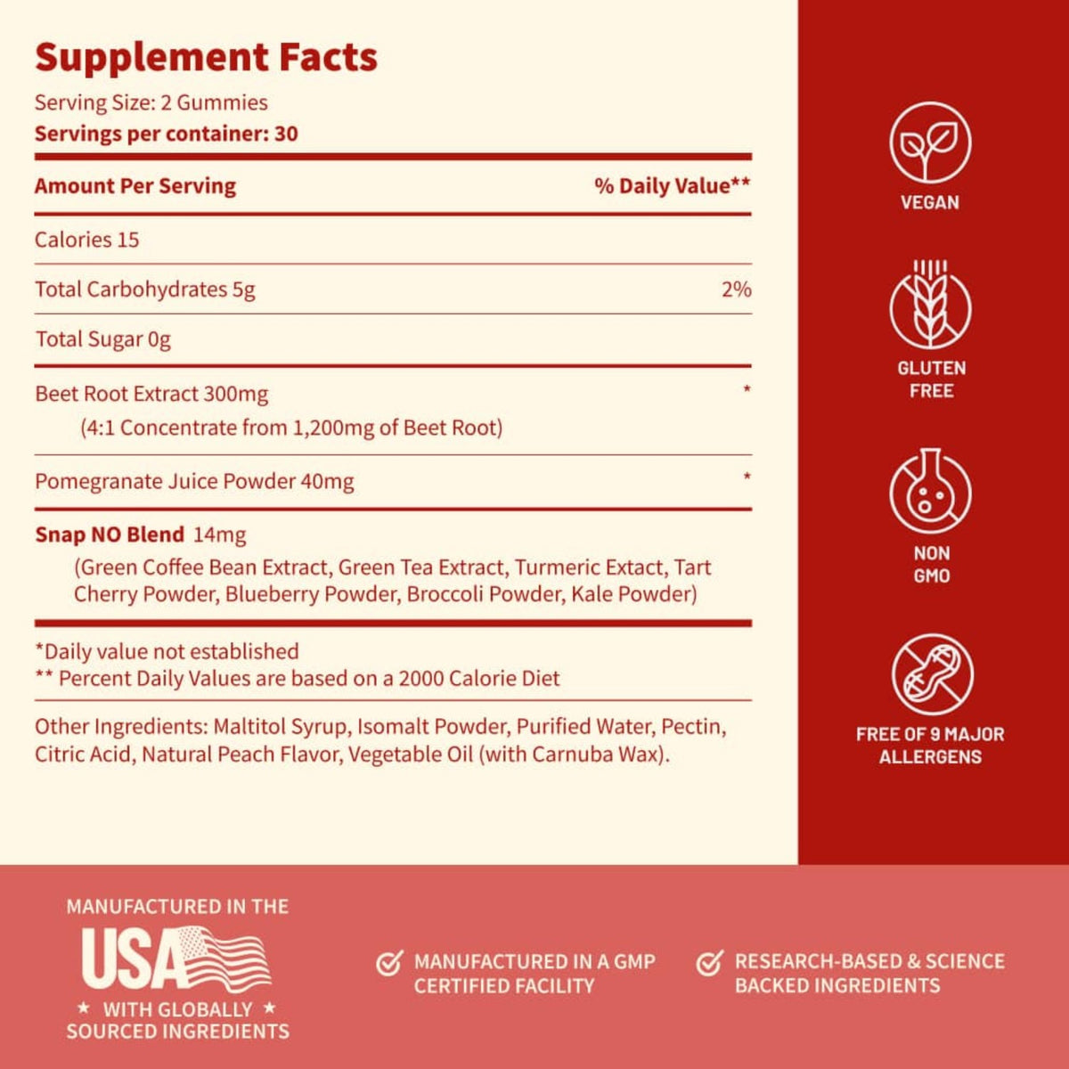 Snap Supplements Nitric Oxide Betabel sin Azúcar 60 Gomitas Durazno