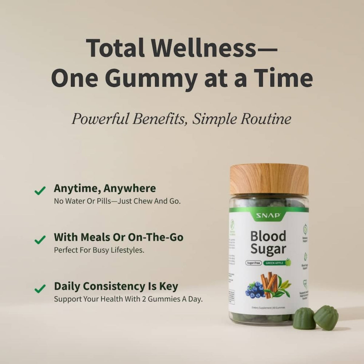 Snap Supplements Blood Sugar sin Azúcar 60 Gomitas Manzana Verde