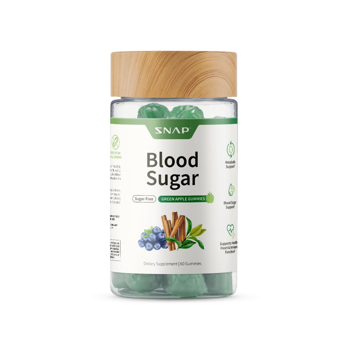 Snap Supplements Blood Sugar sin Azúcar 60 Gomitas Manzana Verde