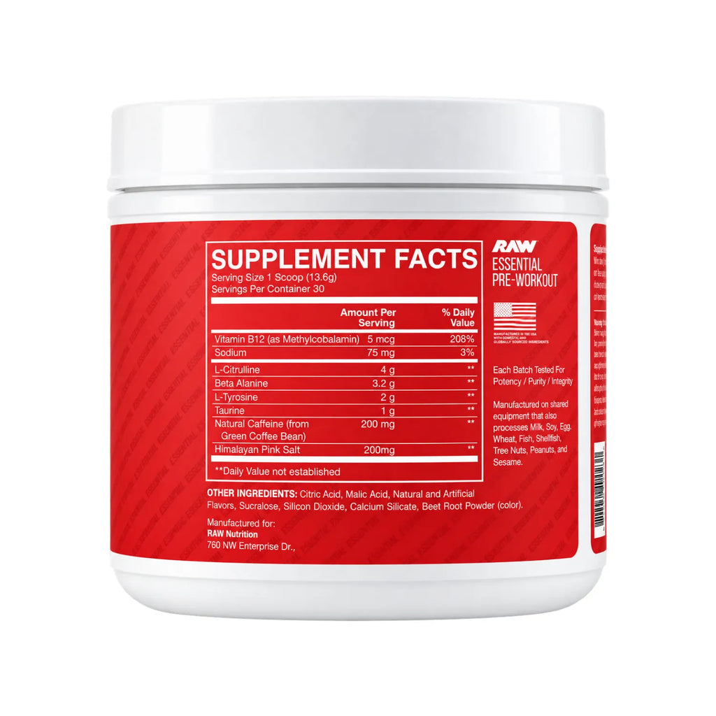 RAW CBUM Essential Pre-Entreno 399 g / 30 Servicios | Energía, enfoque y rendimiento deportivo | Sabor Fruit Burst | 200 mg de cafeína por porción | Con L-Citrulina, Beta-Alanina, L-Tirosina y Taurina | Suplemento alimenticio