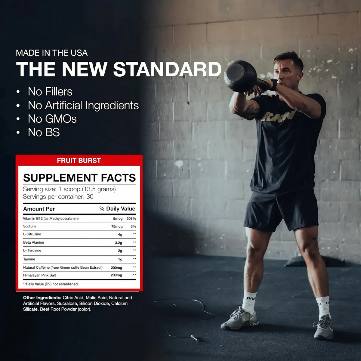 RAW CBUM Essential Pre-Entreno 399 g / 30 Servicios | Energía, enfoque y rendimiento deportivo | Sabor Fruit Burst | 200 mg de cafeína por porción | Con L-Citrulina, Beta-Alanina, L-Tirosina y Taurina | Suplemento alimenticio