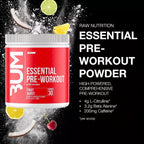 RAW CBUM Essential Pre-Entreno 399 g / 30 Servicios | Energía, enfoque y rendimiento deportivo | Sabor Fruit Burst | 200 mg de cafeína por porción | Con L-Citrulina, Beta-Alanina, L-Tirosina y Taurina | Suplemento alimenticio