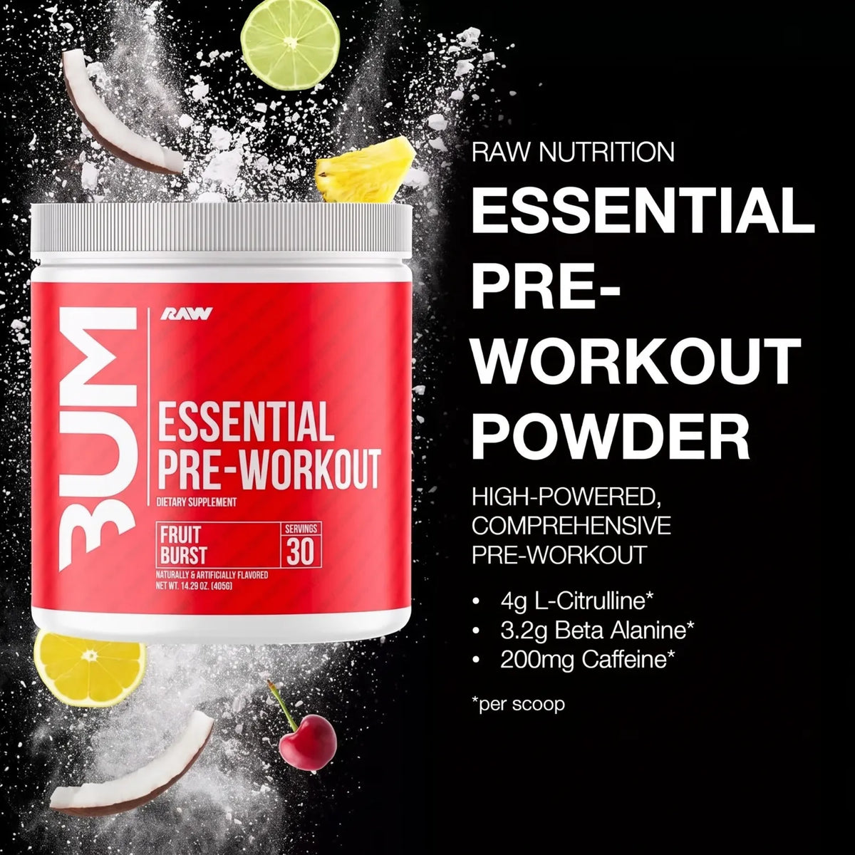 RAW CBUM Essential Pre-Entreno 399 g / 30 Servicios | Energía, enfoque y rendimiento deportivo | Sabor Fruit Burst | 200 mg de cafeína por porción | Con L-Citrulina, Beta-Alanina, L-Tirosina y Taurina | Suplemento alimenticio