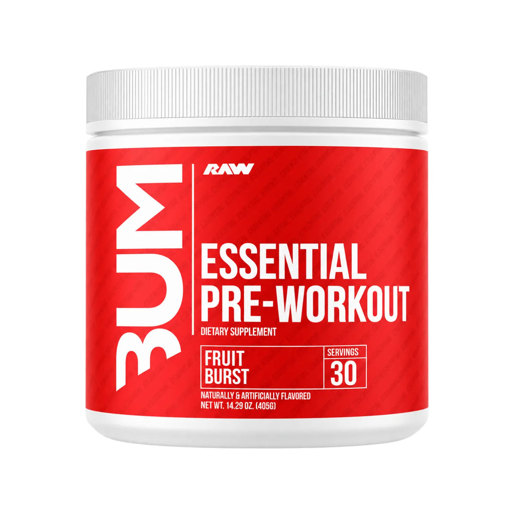 RAW CBUM Essential Pre-Entreno 399 g / 30 Servicios | Energía, enfoque y rendimiento deportivo | Sabor Fruit Burst | 200 mg de cafeína por porción | Con L-Citrulina, Beta-Alanina, L-Tirosina y Taurina | Suplemento alimenticio