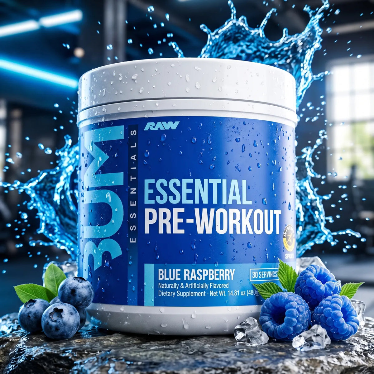 RAW CBUM Essential Pre-Entreno 399 g / 30 Servicios | Energía, enfoque y rendimiento deportivo | Sabor Blue Raspberry | 200 mg de cafeína por porción | Con L-Citrulina, Beta-Alanina, L-Tirosina y Taurina | Suplemento alimenticio