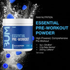 RAW CBUM Essential Pre-Entreno 399 g / 30 Servicios | Energía, enfoque y rendimiento deportivo | Sabor Blue Raspberry | 200 mg de cafeína por porción | Con L-Citrulina, Beta-Alanina, L-Tirosina y Taurina | Suplemento alimenticio