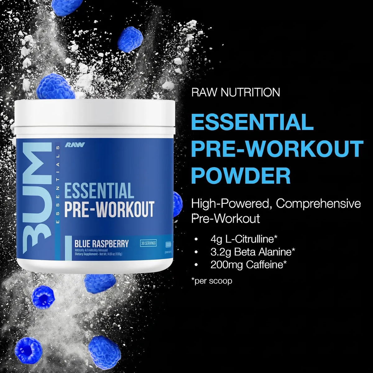 RAW CBUM Essential Pre-Entreno 399 g / 30 Servicios | Energía, enfoque y rendimiento deportivo | Sabor Blue Raspberry | 200 mg de cafeína por porción | Con L-Citrulina, Beta-Alanina, L-Tirosina y Taurina | Suplemento alimenticio