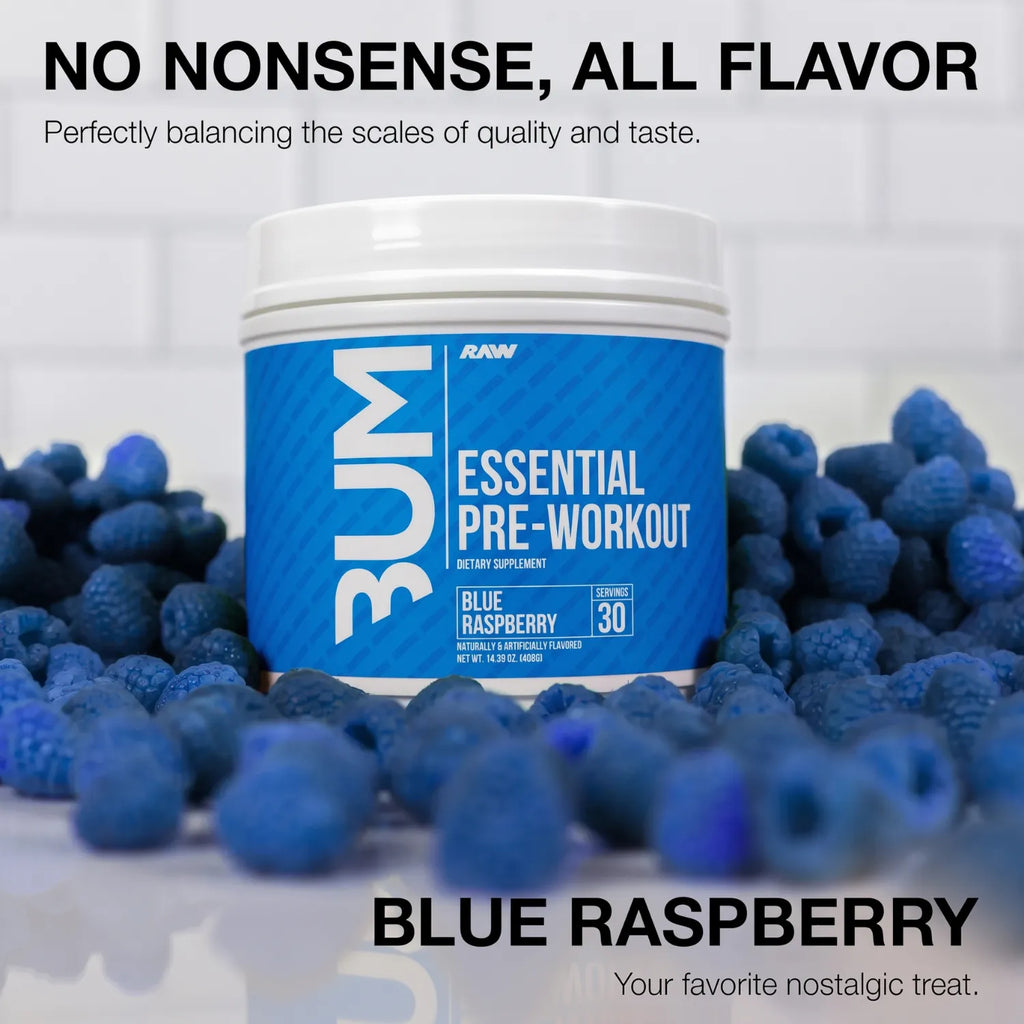 RAW CBUM Essential Pre-Entreno 399 g / 30 Servicios | Energía, enfoque y rendimiento deportivo | Sabor Blue Raspberry | 200 mg de cafeína por porción | Con L-Citrulina, Beta-Alanina, L-Tirosina y Taurina | Suplemento alimenticio