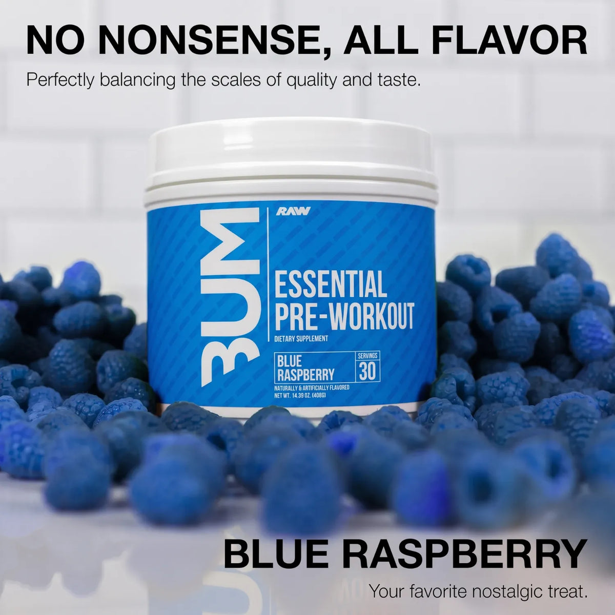 RAW CBUM Essential Pre-Entreno 399 g / 30 Servicios | Energía, enfoque y rendimiento deportivo | Sabor Blue Raspberry | 200 mg de cafeína por porción | Con L-Citrulina, Beta-Alanina, L-Tirosina y Taurina | Suplemento alimenticio