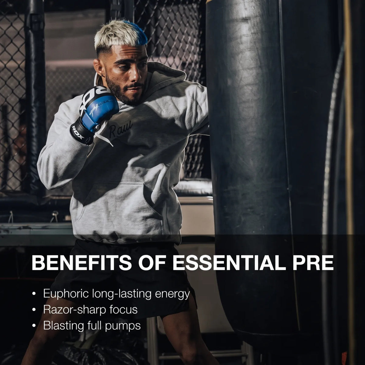 RAW CBUM Essential Pre-Entreno 399 g / 30 Servicios | Energía, enfoque y rendimiento deportivo | Sabor Blue Raspberry | 200 mg de cafeína por porción | Con L-Citrulina, Beta-Alanina, L-Tirosina y Taurina | Suplemento alimenticio