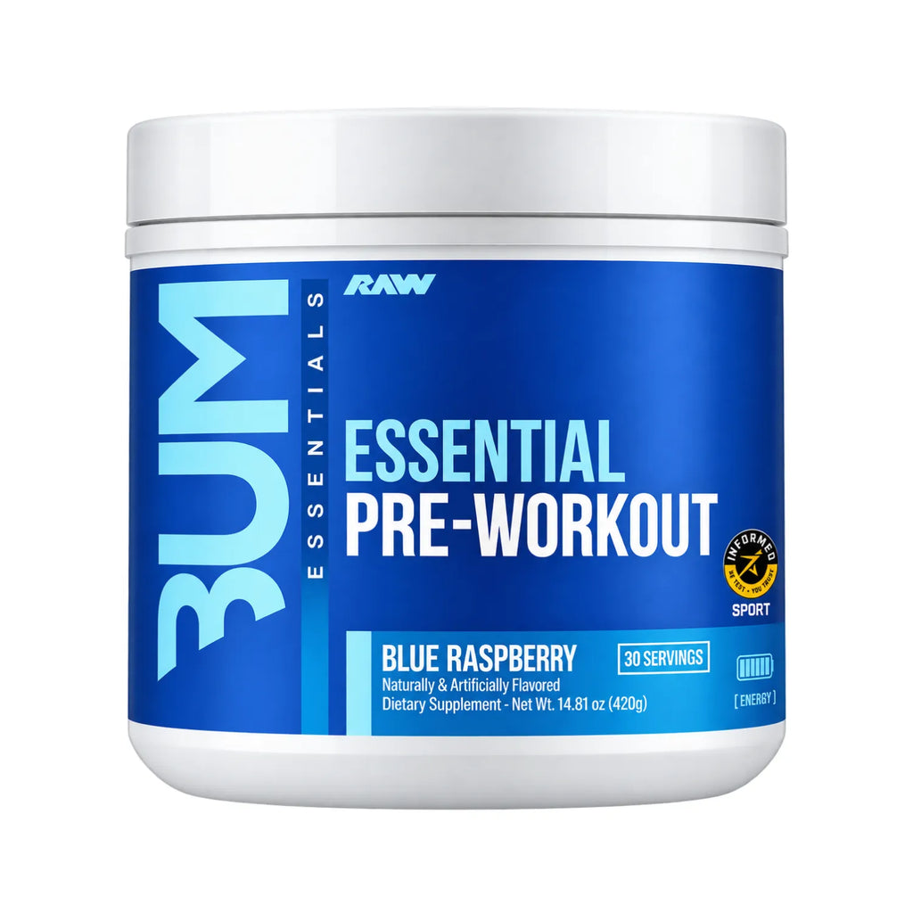 RAW CBUM Essential Pre-Entreno 399 g / 30 Servicios | Energía, enfoque y rendimiento deportivo | Sabor Blue Raspberry | 200 mg de cafeína por porción | Con L-Citrulina, Beta-Alanina, L-Tirosina y Taurina | Suplemento alimenticio