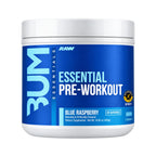 RAW CBUM Essential Pre-Entreno 399 g / 30 Servicios | Energía, enfoque y rendimiento deportivo | Sabor Blue Raspberry | 200 mg de cafeína por porción | Con L-Citrulina, Beta-Alanina, L-Tirosina y Taurina | Suplemento alimenticio