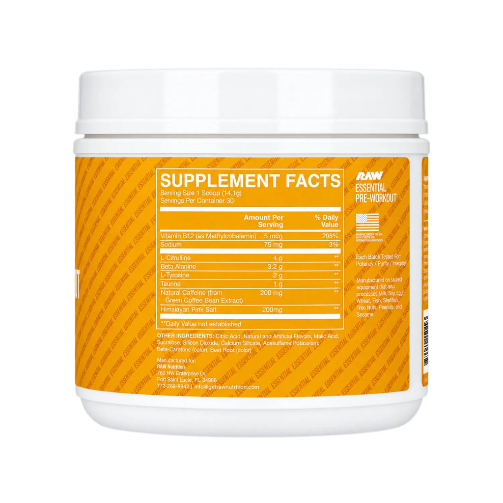 RAW CBUM Essential Pre-Entreno 399 g / 30 Servicios | Energía, enfoque y rendimiento deportivo | 200 mg de cafeína por porción | Con L-Citrulina, Beta-Alanina, L-Tirosina y Taurina | Suplemento alimenticio