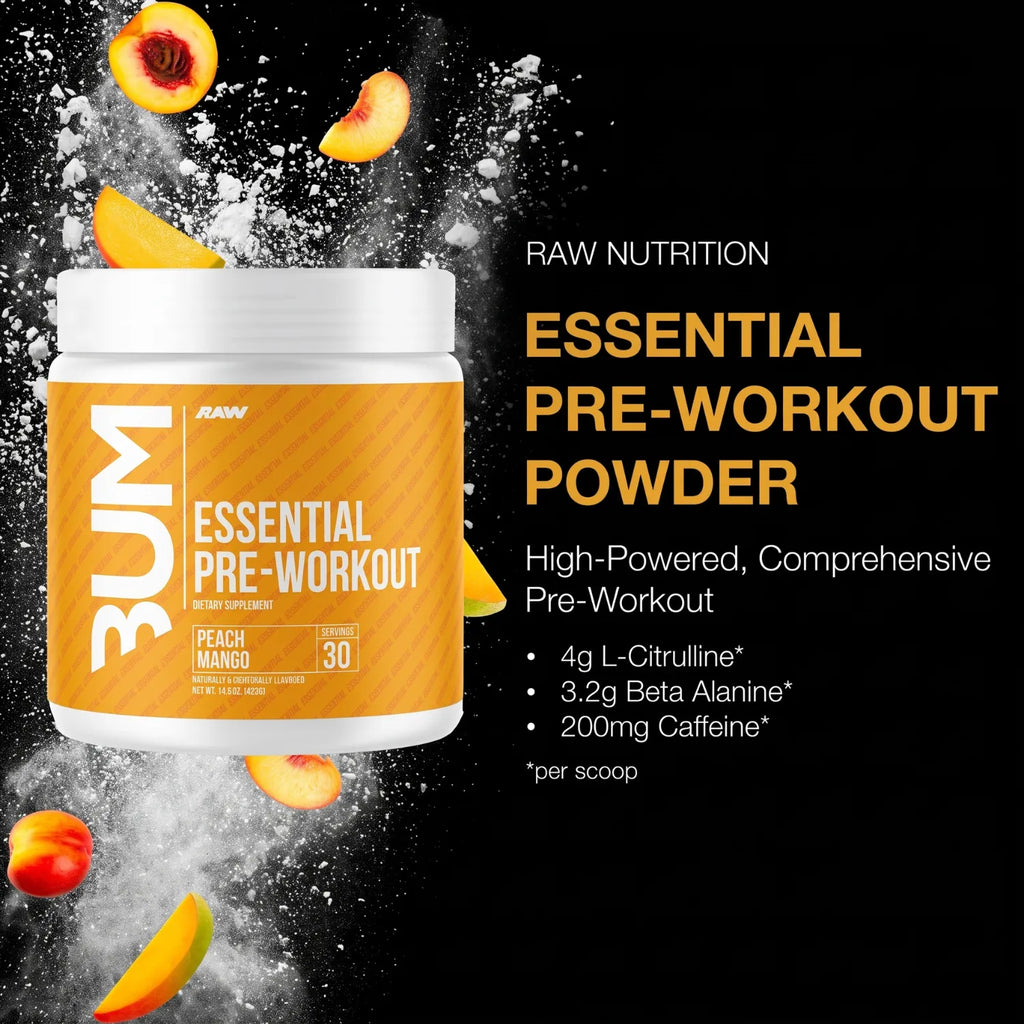 RAW CBUM Essential Pre-Entreno 399 g / 30 Servicios | Energía, enfoque y rendimiento deportivo | 200 mg de cafeína por porción | Con L-Citrulina, Beta-Alanina, L-Tirosina y Taurina | Suplemento alimenticio