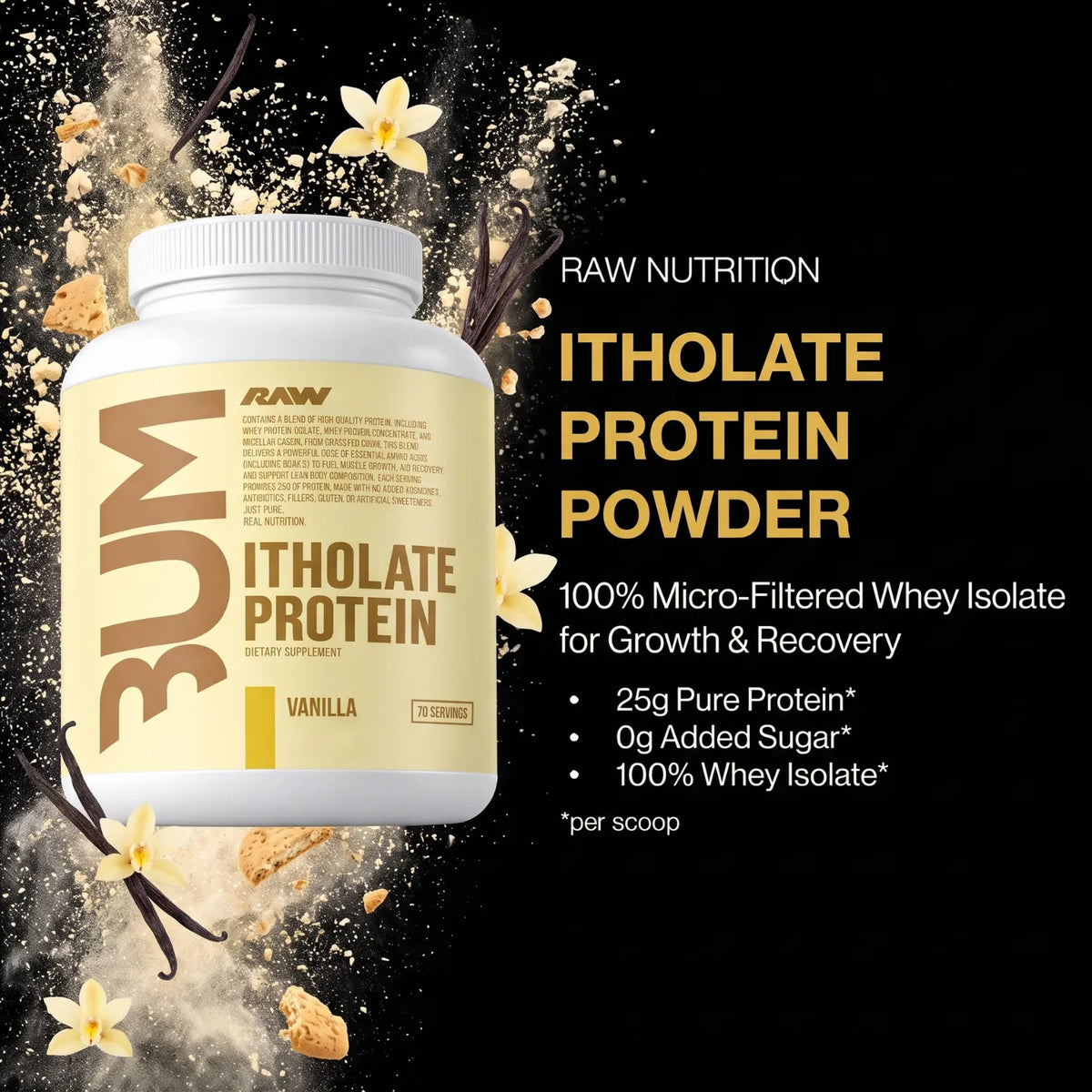RAW CBUM Itholate Protein 5 lb | 2.27 kg | 25 g de proteína por porción | Aislado de proteína de suero microfiltrado | Bajo en carbohidratos y grasas | Suplemento alimenticio