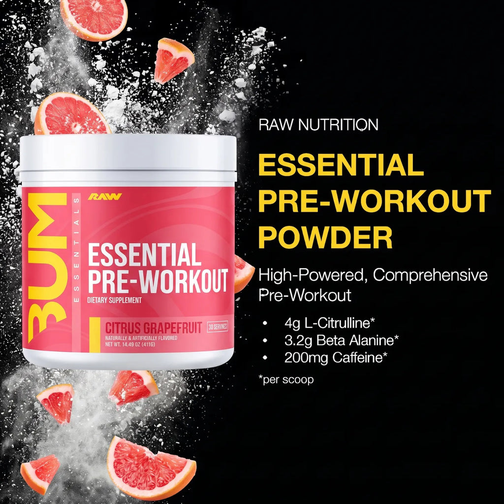 RAW CBUM Essential Pre-Entreno 399 g / 30 Servicios | Energía, enfoque y rendimiento deportivo | Sabor Citrus Grapefruit | 200 mg de cafeína por porción | Con L-Citrulina, Beta-Alanina, L-Tirosina y Taurina | Suplemento alimenticio