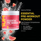 RAW CBUM Essential Pre-Entreno 399 g / 30 Servicios | Energía, enfoque y rendimiento deportivo | Sabor Citrus Grapefruit | 200 mg de cafeína por porción | Con L-Citrulina, Beta-Alanina, L-Tirosina y Taurina | Suplemento alimenticio
