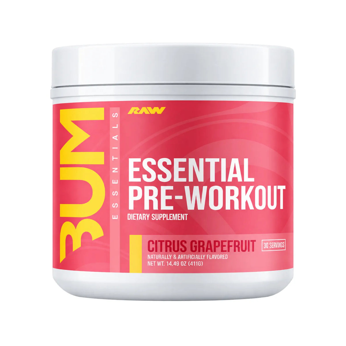 RAW CBUM Essential Pre-Entreno 399 g / 30 Servicios | Energía, enfoque y rendimiento deportivo | Sabor Citrus Grapefruit | 200 mg de cafeína por porción | Con L-Citrulina, Beta-Alanina, L-Tirosina y Taurina | Suplemento alimenticio