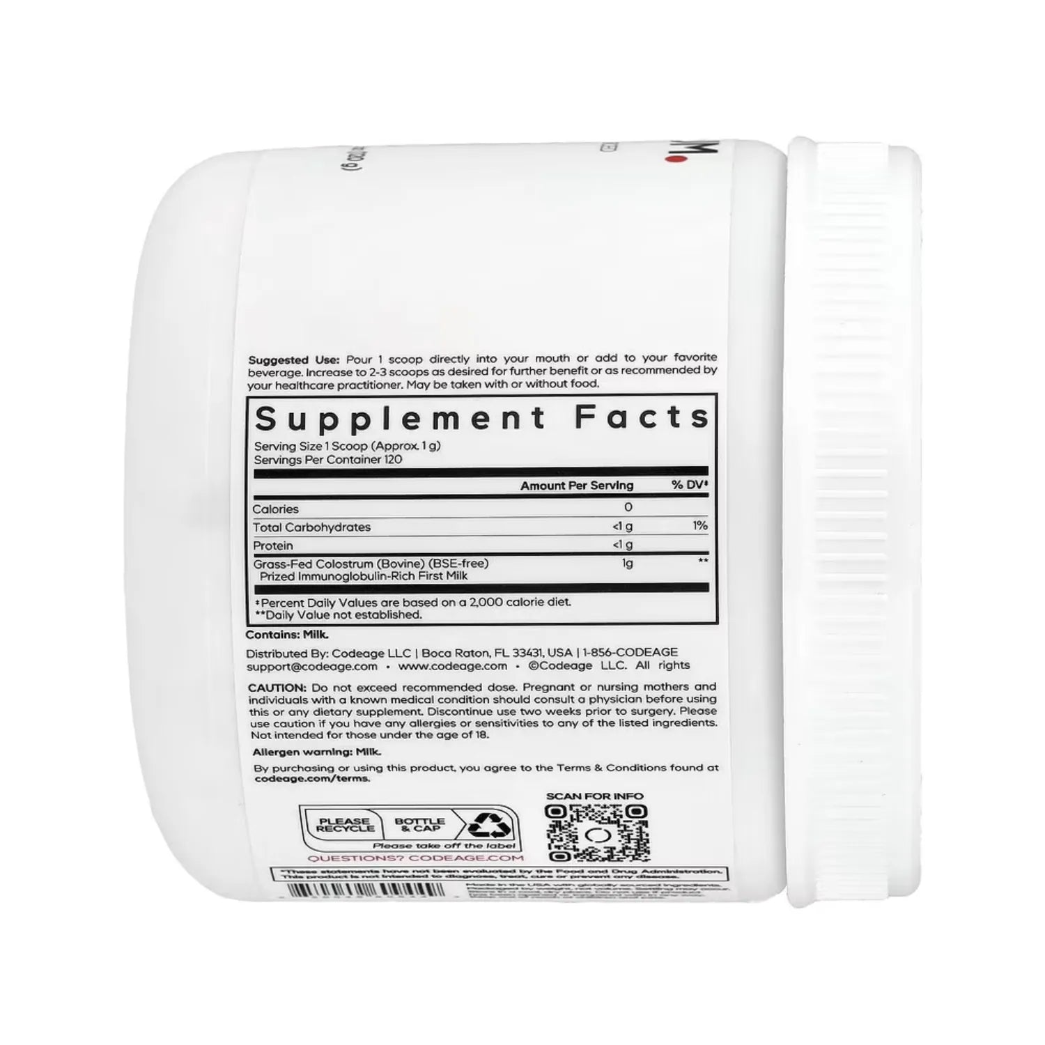 Codeage, Calostro En Polvo, Sin Sabor, 120 G (4,3 Oz)