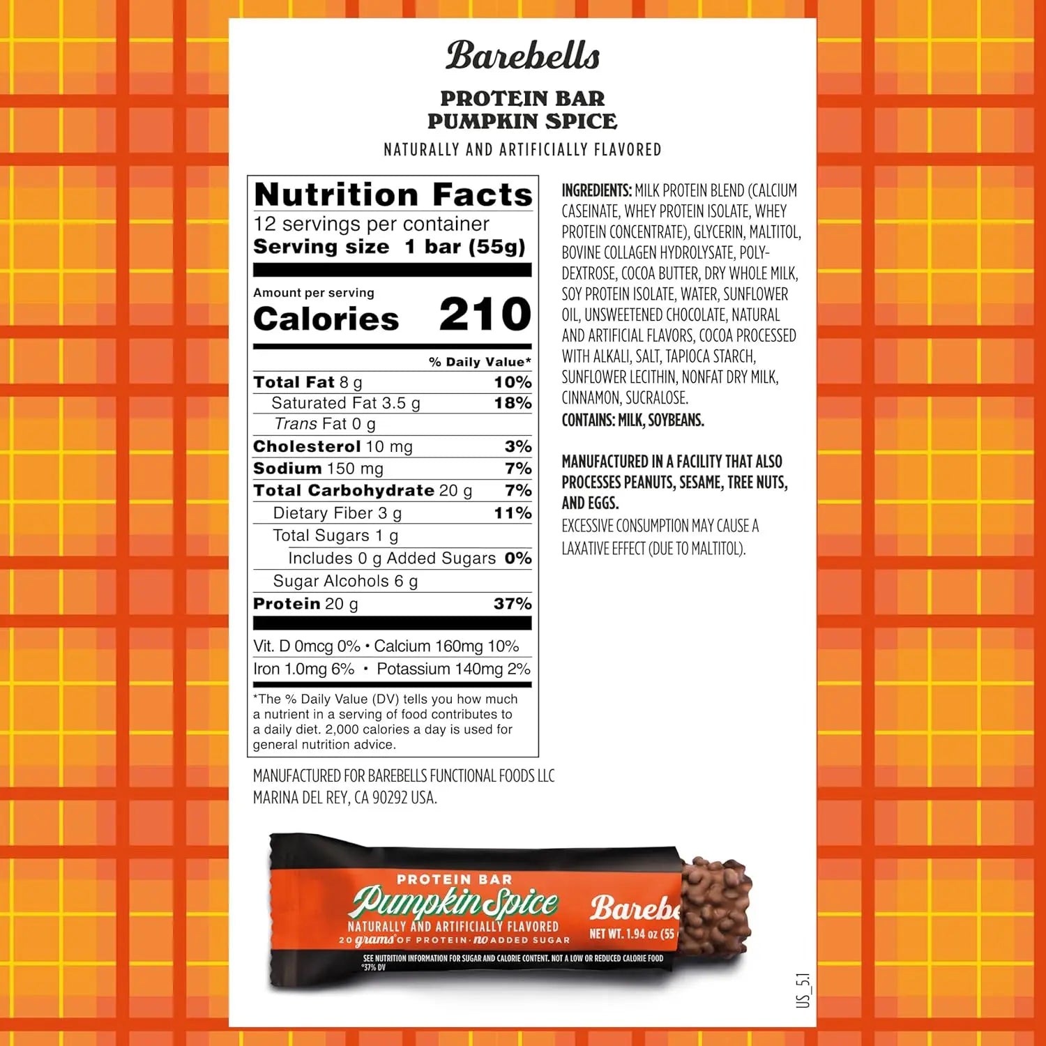 Barebells PROTEINA BARRA 12PZS DE 55gr SFN pumpkin spice