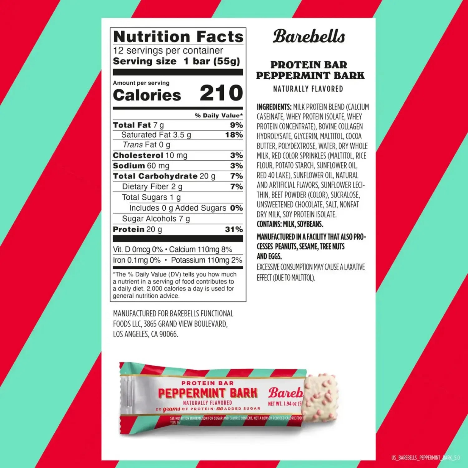 BAREBELLS PROTEINA BARRA 12PZS DE 55gr SFN PEPPERMINT BARK