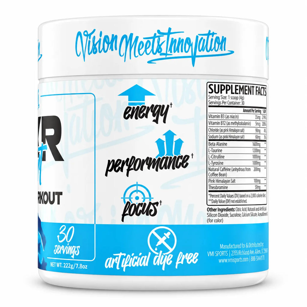 KXR Sport Pre-Workout 222g - 30 Servings VMI Sports | Energía y Enfoque Diario | Sabor Blue Shark Gummy con cafeína natural y beta-alanina | Suplemento alimenticio