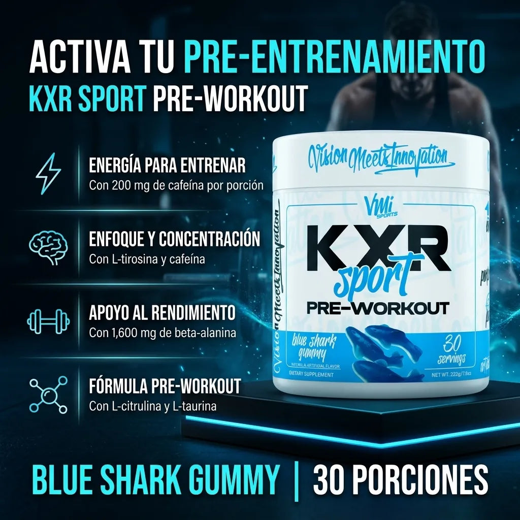 KXR Sport Pre-Workout 222g - 30 Servings VMI Sports | Energía y Enfoque Diario | Sabor Blue Shark Gummy con cafeína natural y beta-alanina | Suplemento alimenticio
