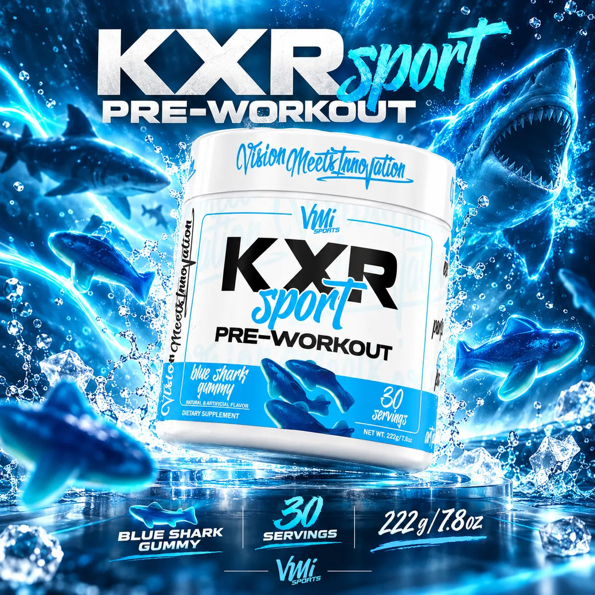 KXR Sport Pre-Workout 222g - 30 Servings VMI Sports | Energía y Enfoque Diario | Sabor Blue Shark Gummy con cafeína natural y beta-alanina | Suplemento alimenticio
