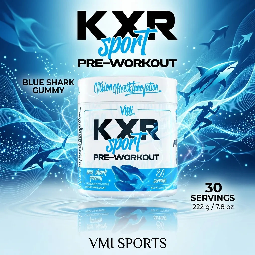 KXR Sport Pre-Workout 222g - 30 Servings VMI Sports | Energía y Enfoque Diario | Sabor Blue Shark Gummy con cafeína natural y beta-alanina | Suplemento alimenticio