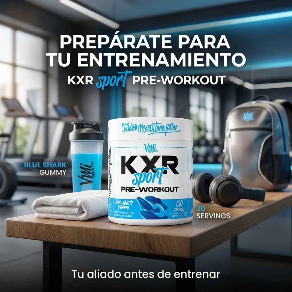 KXR Sport Pre-Workout 222g - 30 Servings VMI Sports | Energía y Enfoque Diario | Sabor Blue Shark Gummy con cafeína natural y beta-alanina | Suplemento alimenticio