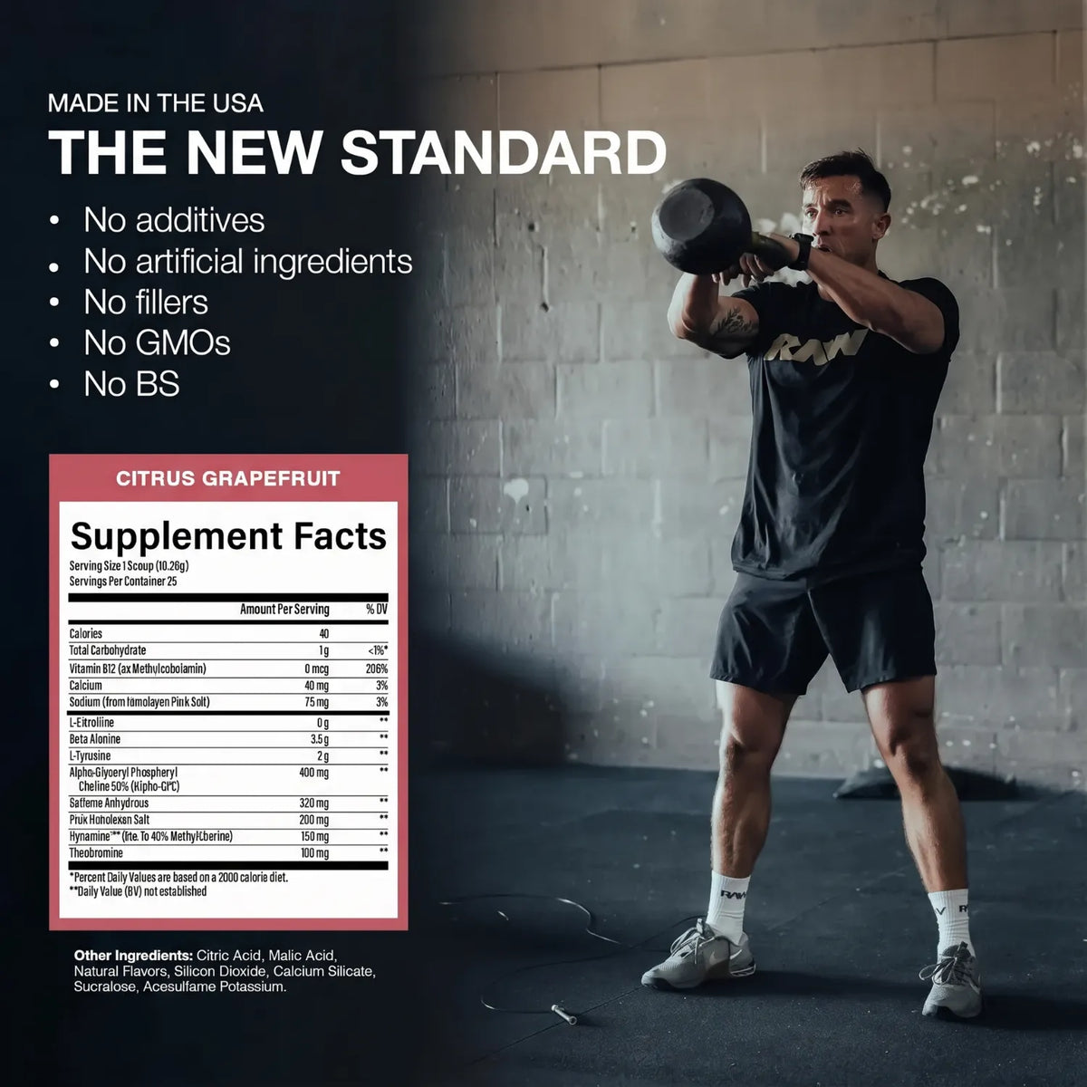 RAW CBUM Essential Charged Pre-Entreno 418.75 g | Sabor Sour Watermelon | 25 Servicios | 350 mg de Cafeína por Porción | Con L-Citrulina, Beta-Alanina, L-Tirosina y Alpha-GPC | Suplemento alimenticio