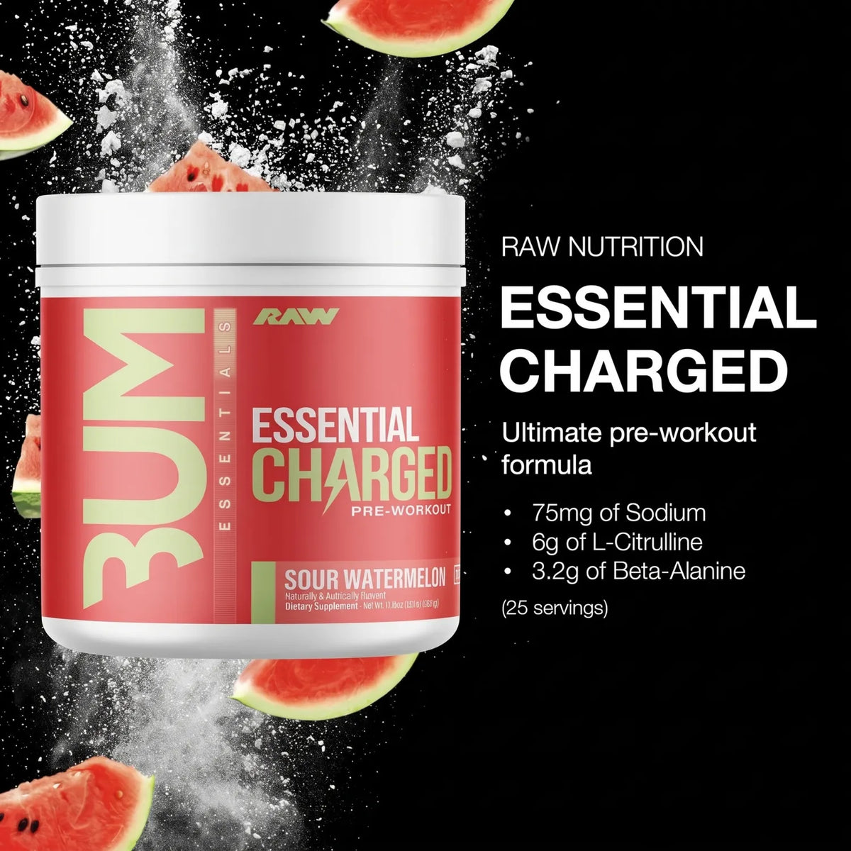 RAW CBUM Essential Charged Pre-Entreno 418.75 g | Sabor Sour Watermelon | 25 Servicios | 350 mg de Cafeína por Porción | Con L-Citrulina, Beta-Alanina, L-Tirosina y Alpha-GPC | Suplemento alimenticio