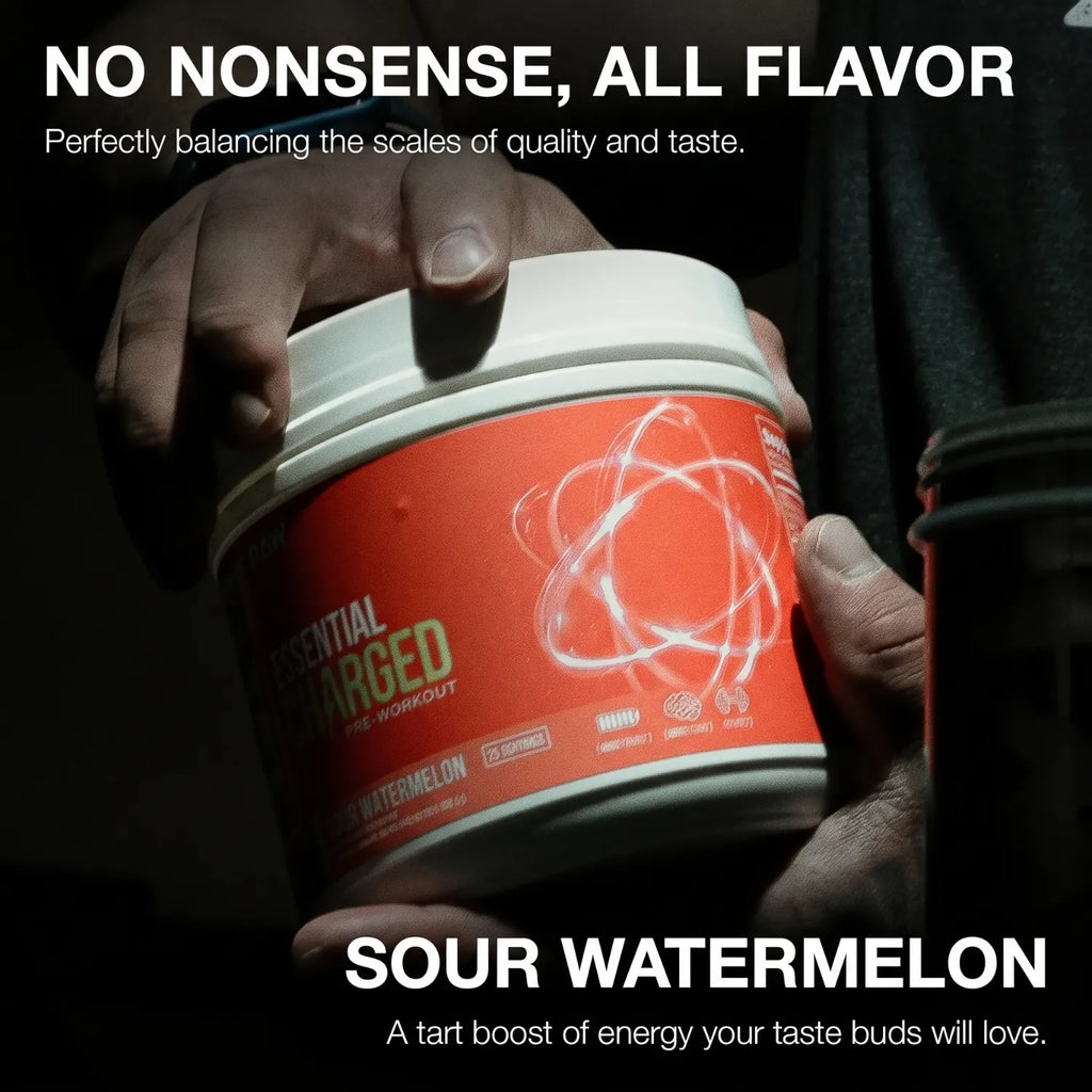 RAW CBUM Essential Charged Pre-Entreno 418.75 g | Sabor Sour Watermelon | 25 Servicios | 350 mg de Cafeína por Porción | Con L-Citrulina, Beta-Alanina, L-Tirosina y Alpha-GPC | Suplemento alimenticio