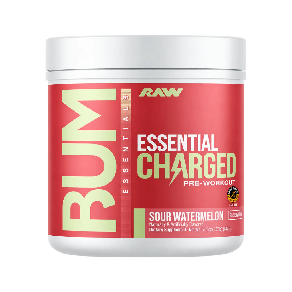 RAW CBUM Essential Charged Pre-Entreno 418.75 g | Sabor Sour Watermelon | 25 Servicios | 350 mg de Cafeína por Porción | Con L-Citrulina, Beta-Alanina, L-Tirosina y Alpha-GPC | Suplemento alimenticio