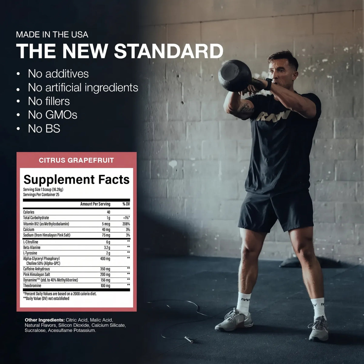 RAW CBUM Essential Charged Pre-Entreno 25 Servicios | Energía, enfoque y rendimiento deportivo | 350 mg de cafeína por porción | Con L-Citrulina, Beta-Alanina, L-Tirosina y Alpha-GPC | Suplemento alimenticio