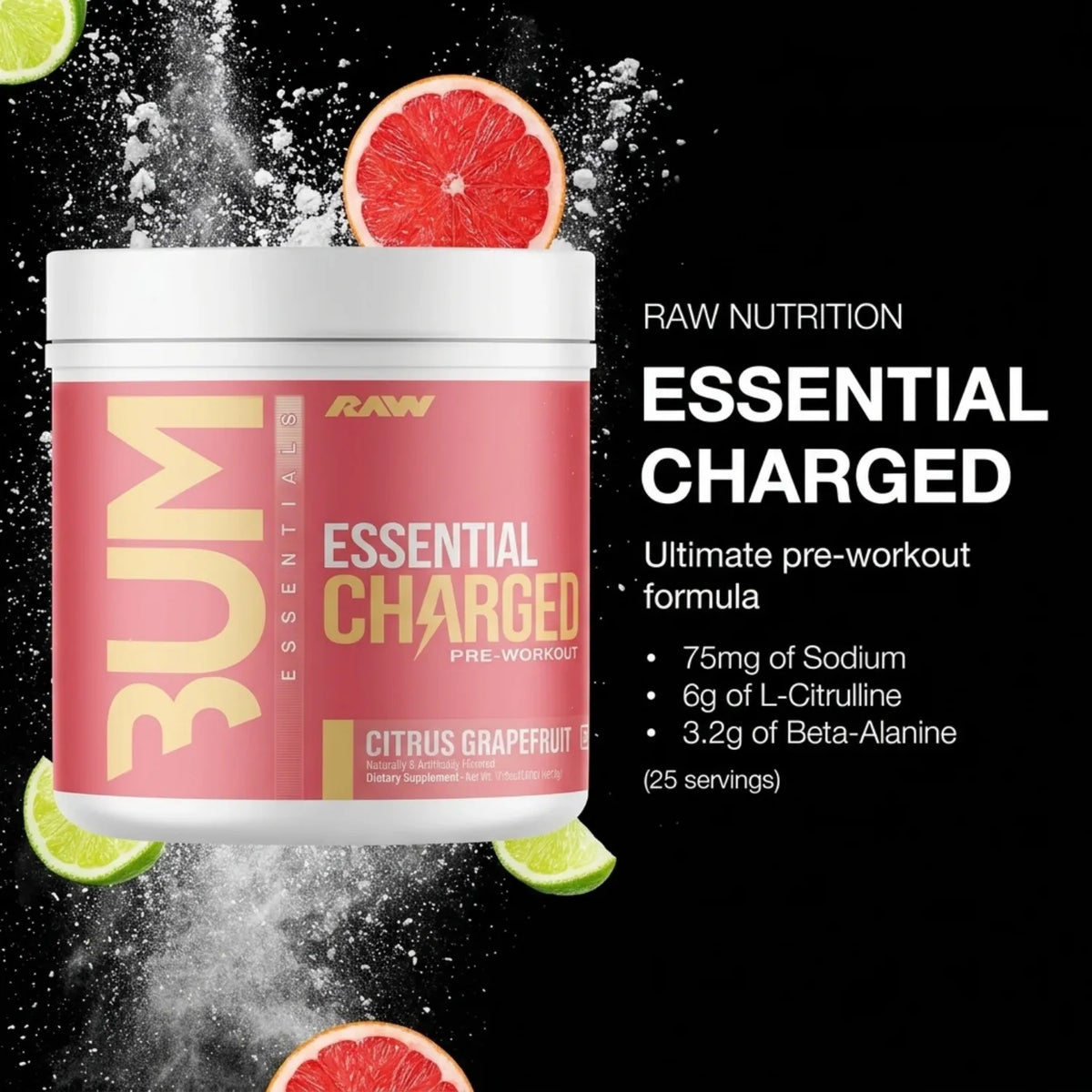 RAW CBUM Essential Charged Pre-Entreno 25 Servicios | Energía, enfoque y rendimiento deportivo | 350 mg de cafeína por porción | Con L-Citrulina, Beta-Alanina, L-Tirosina y Alpha-GPC | Suplemento alimenticio